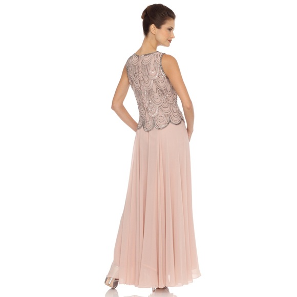 NWT J KARA Scalloped Beaded Chiffon Gown - Blush Pink - Picture 2 of 4